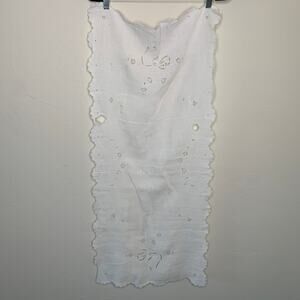 Antique Embroidered Cutout Bow Flower Design Scalloped Damaged 19" x  42"